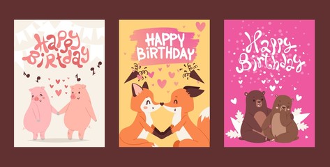 Fototapeta na wymiar Happy birthday greeting card template, vector illustration. Cute animals romantic couple on valentine day. Happy pigs, foxes in love, adorable bears together. Birthday present, lovely valentine card