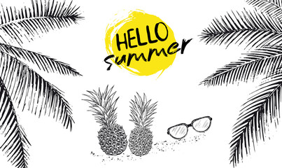 Hello Summer, palm tree, glasses, pineapple. Hand drawn illustration.  - obrazy, fototapety, plakaty