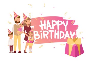 Family going to birthday party together, vector illustration. Typographic greeting card template, people in party hats with birthday presents. Parents with children cartoon characters, happy family