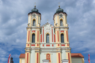 Fototapeta na wymiar Exterior view of Roman Catholic basilica of Blessed Virgin Mary Visitation in Sejny town, Podlasie region of Poland