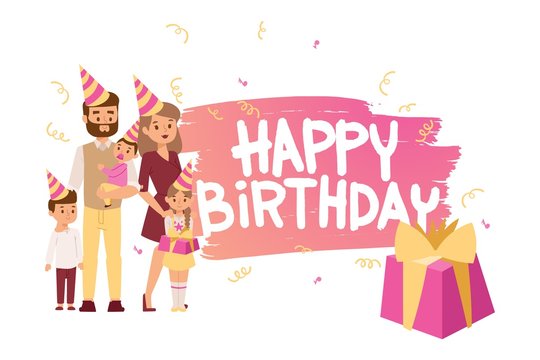 Family going to birthday party together, vector illustration. Typographic greeting card template, people in party hats with birthday presents. Parents with children cartoon characters, happy family