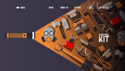 Survival kit inventory, website design, vector illustration. Basic equipment for emergency evacuation, landing page template. Gas mask, camping stove, binoculars and flashlight. Tools for survival