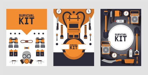 Survival kit banners, vector illustration. Basic equipment for emergency evacuation, brochure cover in flat style. Icons of backpack, radio, batteries and binoculars. Emergency situation equipment