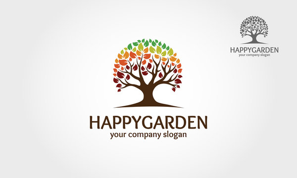 Happy Garden Vector Logo Template. This logo isolated on a white background. Rainbow tree vector logo illustration.