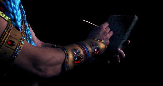 Close up of an ancient egyptian deity writing a book, Thoth, 4k