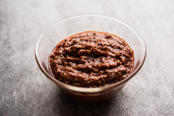Homemade Tandoori Paste or Marinade mixture, in a bowl. used for grilled chicken or Paneer or vegetable. selective focus