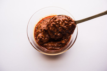 Homemade Tandoori Paste or Marinade mixture, in a bowl. used for grilled chicken or Paneer or vegetable. selective focus
