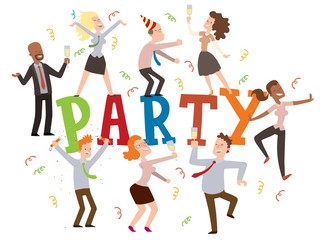 Party at the office, vector illustration. Typography poster with dancing people, funny cartoon characters, business employees celebrating. Birthday party at work, corporate event invitation flat style
