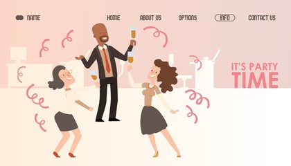 Office party website design, vector illustration. Successful business people celebrating and dancing. Landing page template, corporate event invitation. Man and woman employees having fun at party