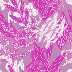 vector seamless pattern with violet and pink colored plants with abstract lines drawn on a violet background