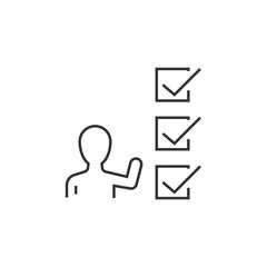 Businessman points his hand at check box linear icon. Editable stroke
