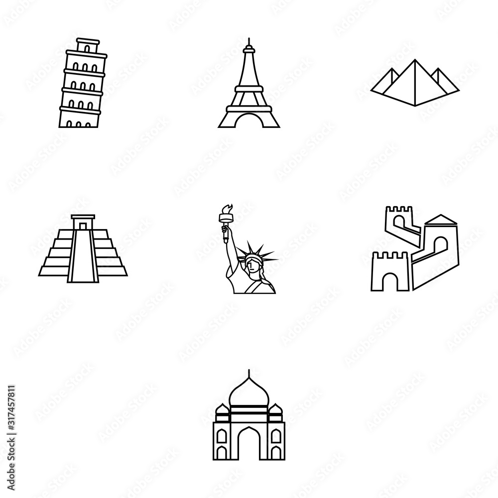 Wall mural set of seven wonders of the world icons for web or mobile app. eiffel tower icon. statue of liberty 