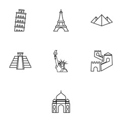 Set of seven wonders of the world icons for web or mobile app. Eiffel tower icon. Statue of Liberty icon. Pyramids icon. UI design elements - Simple vector line art illustration design.