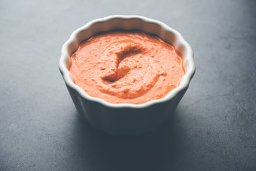 Homemade Tandoori Paste or Marinade mixture, in a bowl. used for grilled chicken or Paneer or vegetable. selective focus