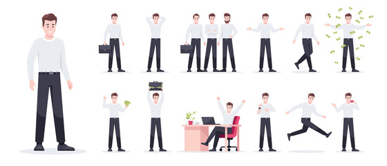 Fototapeta na wymiar Businessman set isolated. Man in the workplace. Office worker in suit. Cartoon people in different poses and actions. Cute male character for animation. Simple design. Flat style vector illustration.