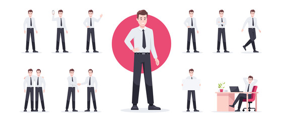 Fototapeta na wymiar Businessman set isolated. Man in the workplace. Office worker in suit. Cartoon people in different poses and actions. Cute male character for animation. Simple design. Flat style vector illustration.