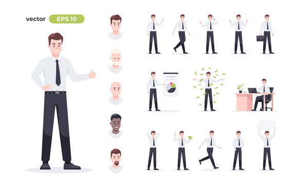 Businessman set isolated. Man in the workplace. Office worker in suit. Cartoon people in different poses and actions. Cute male character for animation. Simple design. Flat style vector illustration.