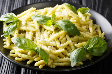 Pasta trofie recipe with basil pesto and parmesan close-up in a plate. horizontal