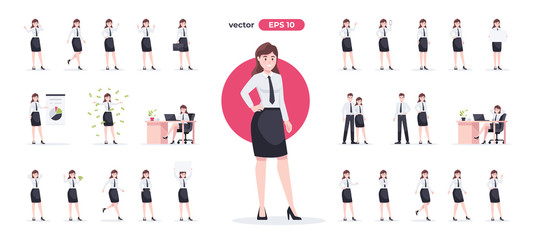 Businesswoman set. Woman in the workplace. Office worker in suit. Cartoon people in different poses and actions. Cute female character for animation. Simple design. Flat style vector illustration.