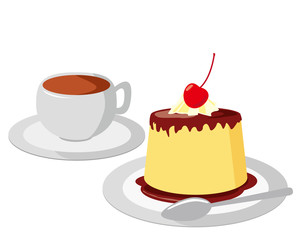 プリン　サクランボ　クリーム　スプーン　コーヒー