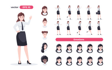 Businesswoman set. Woman in the workplace. Office worker in suit. Cartoon people in different poses and actions. Cute female character for animation. Simple design. Flat style vector illustration.