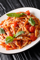 Italian Trofie pasta with tomatoes, parmesan and basil close-up in a plate. vertical