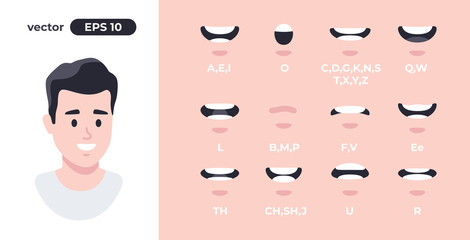 Human mouth set. Man lip sync collection for animation and sound pronunciation. Character face elements. Emotions: smiling, screaming. Simple cartoon design. Flat style vector illustration. - obrazy, fototapety, plakaty