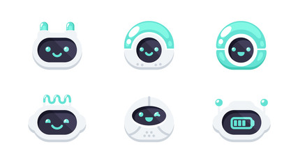 Robot emotions set. Cute robots head avatar. Chat bot with different faces. Simple modern icon design. Cartoon character isolated on white background. Screen, monitor. Flat style vector illustration. - obrazy, fototapety, plakaty
