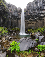 Gorgeous landscape with famous Svartifoss waterfall, another named Black fall. Skaftafell,...