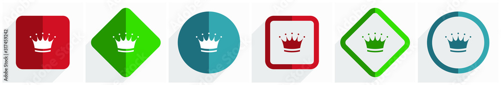 Aufkleber crown icon set, flat design vector illustration in 6 options for webdesign and mobile applications i
