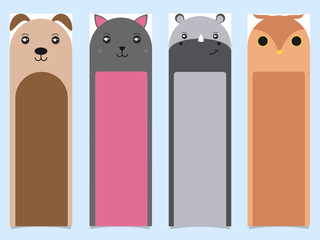 Printable Bookmarks of Cartoon Dog, Cat, Hippo, Owl in Different Color.