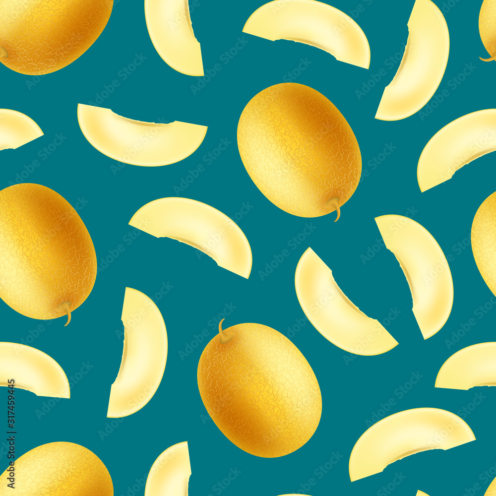 Poster realistic detailed 3d whole honeydew melon and slice seamless pattern background. vector