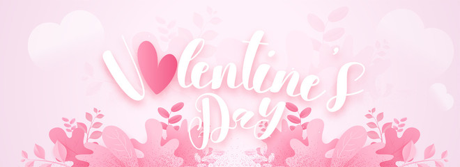 Paper Cut Valentine's Day Font with Pink Heart and Autumn Leaves Decorated on Pastel Pink Background. Header or Banner Design.