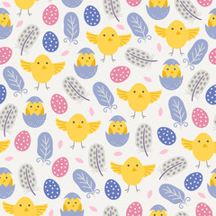 Easter seamless pattern with feathers, dotted eggs and chicken