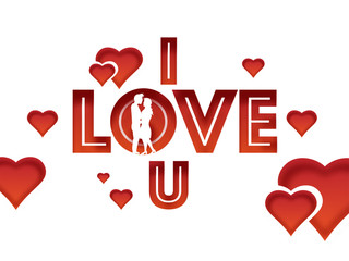 Paper Cut Style I Love You Text with Silhouette Romantic Couple and Hearts Decorated on White Background.