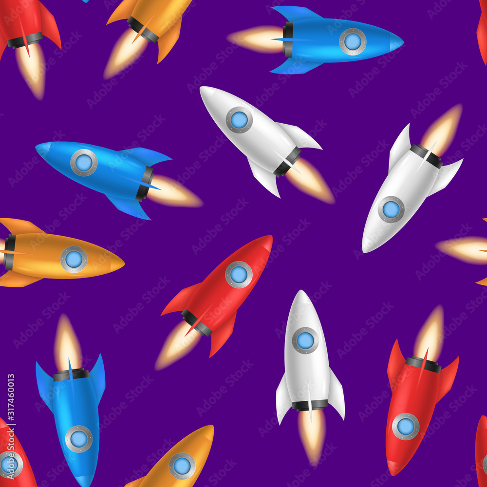 Poster realistic 3d detailed rocket space ship seamless pattern background . vector