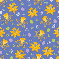 Fototapeta na wymiar Easter seamless pattern with flowers, leaves, eggs and narcissus