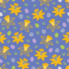 Zelfklevend Fotobehang Easter seamless pattern with flowers, leaves, eggs and narcissus © miumi