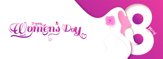 Paper Cut Style 8 March Text with Woman Face Long Hair Flowing on White and Pink Background for Happy Women's Day Celebration. Header or Banner Design.