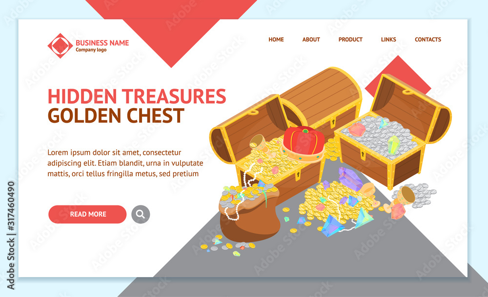 Poster treasure landing web page template isometric view. vector