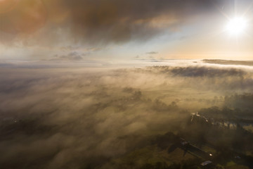 County Durham countryside aerial view with foggy weather