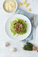 Keto pasta Bolognese with mincemeat and zucchini noodles, fodmap, lchf, low carb. Vertical