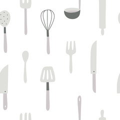 Сutlery seamless pattern. Vector background with spoons, forks, knives used for eating or serving food