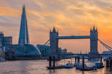 London skyline with Tower Bridge at sunset