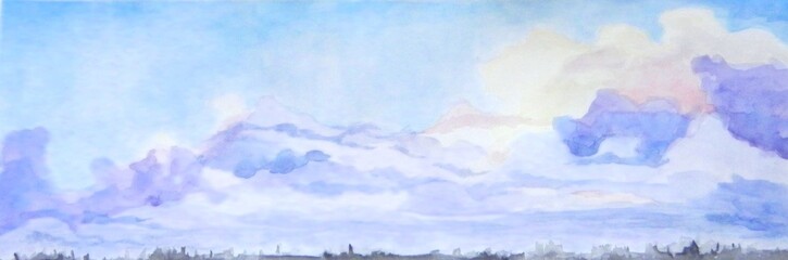 The sky is in the clouds. Color watercolor illustration for banners.