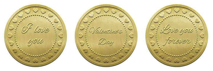 Stylish Valentine’s golden embossed greeting coin with different letterings isolated on white background