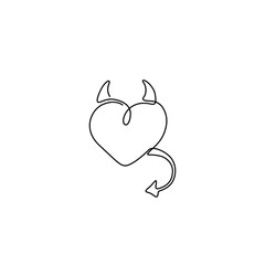 Obraz premium Heart with horns and tail, little devil, continuous line drawing, small tattoo, print for clothes, t-shirt, emblem or logo design, Valentine's Day, greeting card, hand drawn vector illustration. 