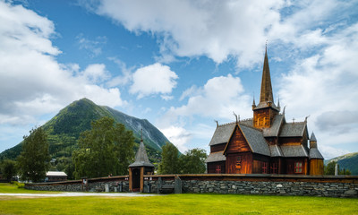 Old wooden Lom stave Church (Lom Stavkyrkje), Fossbergom, Sogn og Fjordane county, Norway....