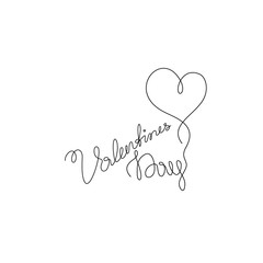 Inscription Valentine's Day and heart, greeting card, print for clothes and logo design, t-shirt, emblem or logo design, continuous line drawing. Isolated vector illustration.