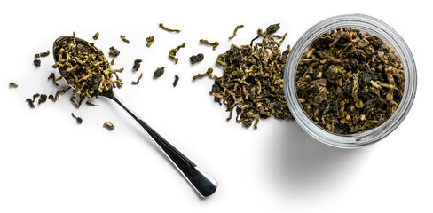 Fototapeta premium Lotus tea on a white background. The view from the top